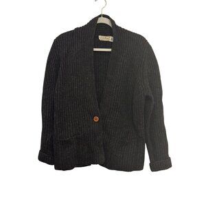 L.L. Bean Cardigan Sweater Women M Wool Dark Gray Shawl Collar Ribbed Button-Fro